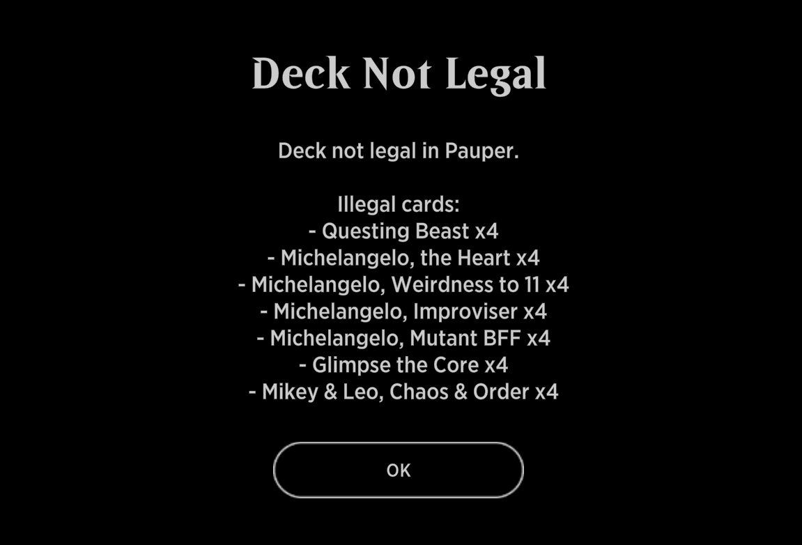 Deck validation rejecting illegal cards in a Pauper lobby