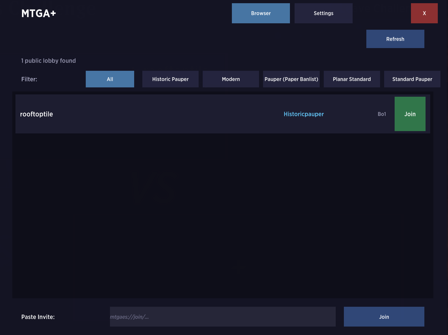 MTGA+ in-game lobby browser showing format filters and a public lobby